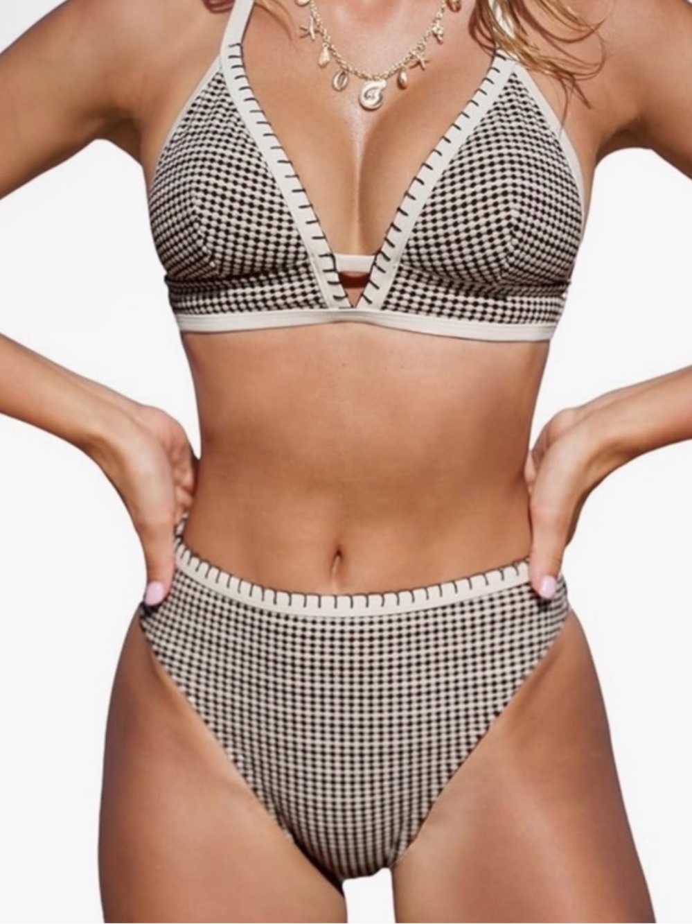 Cupshe NWT XL brown & Cream GINGHAM Print SEXY High-Waist Bikini set